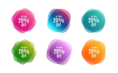 Blur shapes. Get Extra 20% off Sale. Discount offer price sign. Special offer symbol. Save 20 percentages. Color gradient sale banners. Market tags. Vector