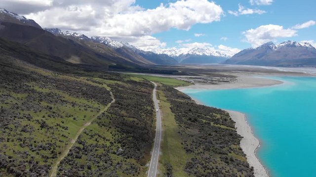 Mount Cook Road and Pukaki Lake, drone aereo view, New Zealand, South Island, NZ