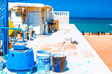 View of the coastline from the roof of a traditional building in the city of Rabat, Morocco