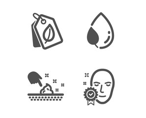 Set of Leaf dew, Bio tags and Skin moisture icons. Face verified sign. Water drop, Leaf, Wet cream. Access granted.  Classic design leaf dew icon. Flat design. Vector