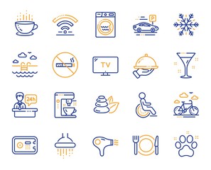Hotel service line icons. Wi-Fi, Air conditioning and Coffee maker machine. Spa stones, swimming pool and bike rental icons. Hotel parking, safe and shower. Food, coffee cup. Vector