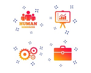 Human resources and Business icons. Presentation board with charts signs. Case and gear symbols. Random dynamic shapes. Gradient hr icon. Vector