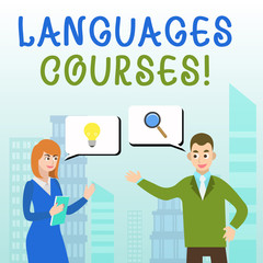 Handwriting text writing Languages Courses. Conceptual photo set of classes or a plan of study on a foreign language Business Partners Colleagues Jointly Seeking Problem Solution Generate Idea