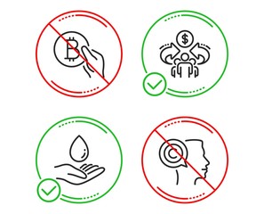 Do or Stop. Sharing economy, Water care and Bitcoin pay icons simple set. Writer sign. Share, Aqua drop, Cryptocurrency coin. Copyrighter. People set. Line sharing economy do icon. Prohibited ban stop