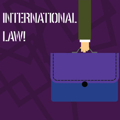 Text sign showing International Law. Business photo showcasing system of treaties and agreements between nations Businessman Hand Carrying Colorful Briefcase Portfolio with Stitch Applique
