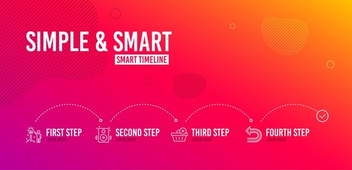 Infographic timeline. Delete purchase, Creative idea and Speakers icons simple set. Undo sign. Remove from basket, Startup, Sound. Left turn. 4 steps layout. Line delete purchase icon. Vector