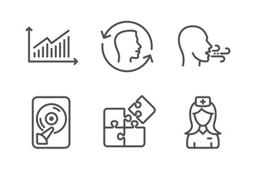 Breathing exercise, Puzzle and Hdd icons simple set. Face id, Graph and Hospital nurse signs. Breath, Engineering strategy. Science set. Line breathing exercise icon. Editable stroke. Vector