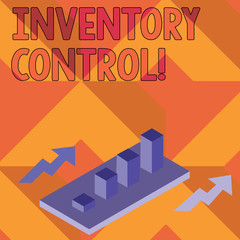 Writing note showing Inventory Control. Business concept for regulating and maximising your company s is inventory Clustered 3D Bar Chart Graph in Perspective with Two Arrows