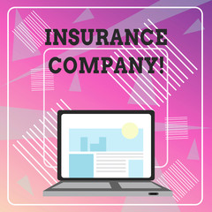 Word writing text Insurance Company. Business photo showcasing company that offers insurance policies to the public Open Modern Laptop Switched On with Website Homepage on Screen Web Search