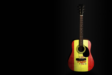 Acoustic concert guitar with a drawn flag Spain, on a dark background, as a symbol of national...