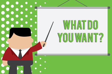 Word writing text What Do You Want Question. Business photo showcasing say or write in order to ask demonstrating about something Businessman standing in front projector screen pointing project idea