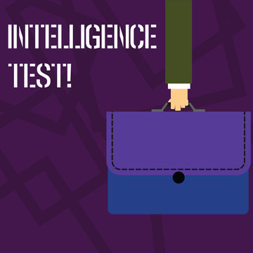 Text Sign Showing Intelligence Test. Business Photo Showcasing Test Designed To Measure The Ability To Think And Reason Businessman Hand Carrying Colorful Briefcase Portfolio With Stitch Applique