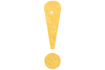 Exclamation mark cut out of cheese, as a symbol of dangerous food, sanctions and danger on a white isolated background