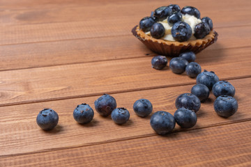 bilberry tartlet on a wooden plate on the table, bilberry baked shell, fruit cupcake with blueberry