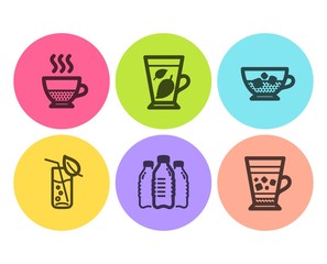 Mint leaves, Water bottles and Cold coffee icons simple set. Water glass, Doppio and Frappe signs. Mentha leaf, Aqua drinks. Food and drink set. Flat mint leaves icon. Circle button. Vector