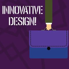 Text sign showing Innovative Design. Business photo showcasing application of better solutions that meet new requirements Businessman Hand Carrying Colorful Briefcase Portfolio with Stitch Applique