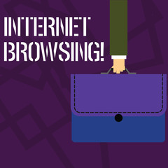 Text sign showing Internet Browsing. Business photo showcasing Act of looking through a set of information quickly Businessman Hand Carrying Colorful Briefcase Portfolio with Stitch Applique