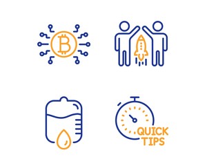 Drop counter, Bitcoin system and Partnership icons simple set. Quick tips sign. Medical equipment, Cryptocurrency scheme, Business startup. Helpful tricks. Science set. Linear drop counter icon