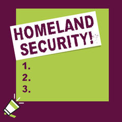 Word writing text Homeland Security. Business photo showcasing federal agency designed to protect the USA against threats Speaking trumpet on left bottom and paper attached to rectangle background
