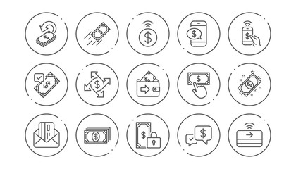 Money payment line icons. Accept transfer, Pay by Phone and Credit card. Cash linear icon set. Line buttons with icon. Editable stroke. Vector