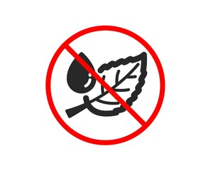 No or Stop. Mint leaf with water drop icon. Nature plant dew sign. Environmental care symbol. Prohibited ban stop symbol. No leaf dew icon. Vector