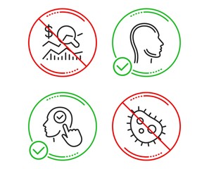 Do or Stop. Select user, Head and Check investment icons simple set. Bacteria sign. Head with checkbox, Human profile, Business report. Antibacterial. Science set. Line select user do icon. Vector