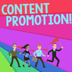 Text sign showing Content Promotion. Business photo text about getting content in front of the right audience People Crowd Flags Pennants Headed by Leader Running Demonstration Meeting