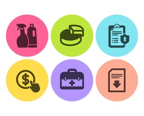 Pie chart, Privacy policy and First aid icons simple set. Buy currency, Shampoo and spray and Download file signs. 3d graph, Checklist. Flat pie chart icon. Circle button. Vector