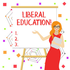 Word writing text Liberal Education. Business photo showcasing education suitable for the cultivation of free huanalysis being White Female in Glasses Standing by Blank Whiteboard on Stand