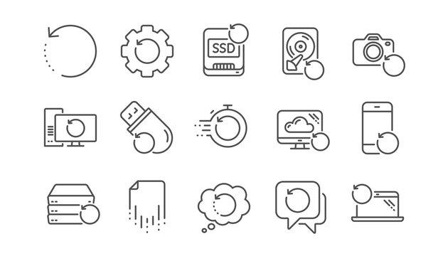 Recovery line icons. Backup, Restore data and recover file. Laptop renew, drive repair and phone recovery icons. Linear set. Vector
