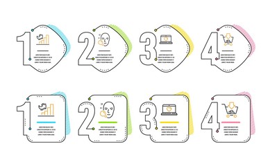 Growth chart, Web love and Face search icons simple set. Shopping sign. Diagram graph, Social network, Find user. Add to cart. Technology set. Infographic timeline. Line growth chart icon. Vector