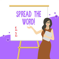 Handwriting text writing Spread The Word. Conceptual photo share the information or news using social media White Female in Glasses Standing by Blank Whiteboard on Stand Presentation