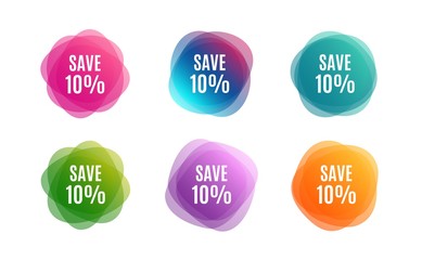 Blur shapes. Save 10% off. Sale Discount offer price sign. Special offer symbol. Color gradient sale banners. Market tags. Vector