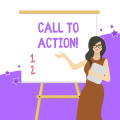 Handwriting text writing Call To Action. Conceptual photo exhortation do something in order achieve aim with problem White Female in Glasses Standing by Blank Whiteboard on Stand Presentation