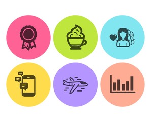 Airplane, Woman love and Communication icons simple set. Success, Cappuccino cream and Column chart signs. Plane, Romantic people. Flat airplane icon. Circle button. Vector