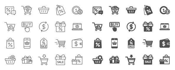 Shopping wallet line icons. Gift, Present and Sale offer signs. Shopping cart, Delivery gift and Tags symbols. Speech bubble, Discount, sale and wallet. Online buying. Surprise present. Vector