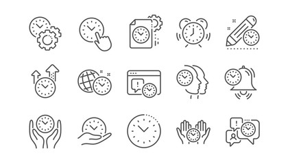 Fototapeta premium Time management line icons. Alarm clock, timer plan and project deadline signs. Countdown clock and appointment reminder icons. Linear set. Vector