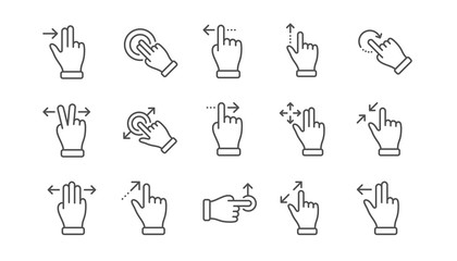 Touchscreen gesture line icons. Hand swipe, Slide gesture, Multitasking icons. Touchscreen technology, tap on screen, drag and drop. Linear set. Vector