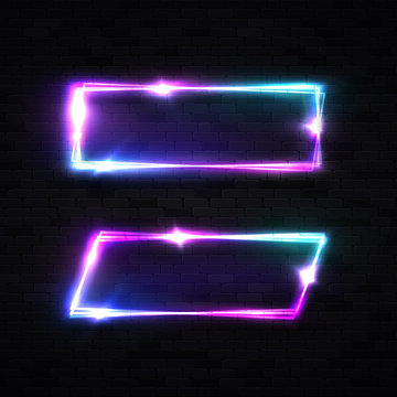 Two glowing electric wiring borders with light flash stars sparkles on black brick wall background. Neon rectangle signs with blank space for text. 1980s advertising element design vector illustration