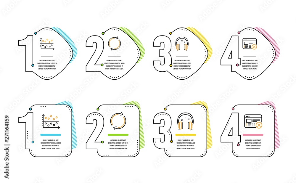 Poster full rotation, dot plot and headphones icons simple set. reject web sign. refresh or reload, present