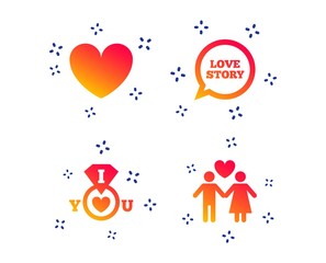 Fototapeta na wymiar Valentine day love icons. I love you ring symbol. Couple lovers sign. Love story speech bubble. Random dynamic shapes. Gradient love icon. Vector