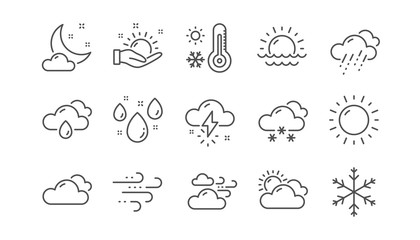 Weather and forecast line icons. Cloudy sky, winter snowflake, thermometer. Moon night, rain and sunset icons. Weather temperature, meteorology forecast. Linear set. Vector