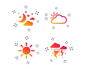 Fototapeta na wymiar Weather icons. Moon and stars night. Cloud and sun signs. Storm or thunderstorm with lightning symbol. Random dynamic shapes. Gradient weather icon. Vector