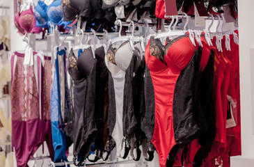 Underwear Corset at the shop window. Underwear in shop display during sale holiday season. Fashion shopping concept