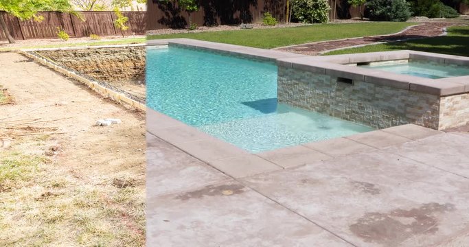 4k Looping Seamless Cinemagraph of Swimming Pool Construction Fading to Completed Pool