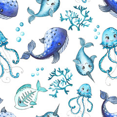 Watercolor children's seamless patterns with underwater creatures: whale, turtle, crab, octopus, starfish, narwhal, jellyfish, seaweed, corals, shells for baby shower, shirt design, invitations