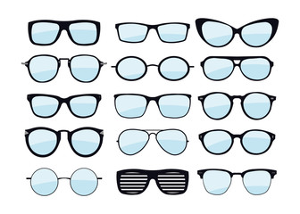 A set of glasses isolated. Vector glasses model icons. Sunglasses, glasses, isolated on white background. Silhouettes. Various shapes - stock illustration.