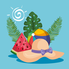 hat with beach ball and watermelon fruit with leaves plants