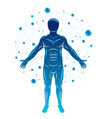 Vector graphic illustration of human, individuality created with mesh wireframe connections. Biochemistry scientific research.