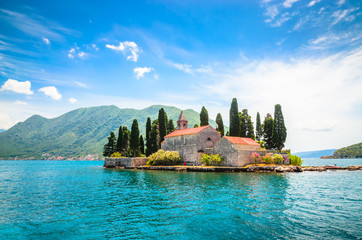 Beautiful mediterranean landscape. St. George Island near town Perast, Kotor bay, Montenegro. - obrazy, fototapety, plakaty